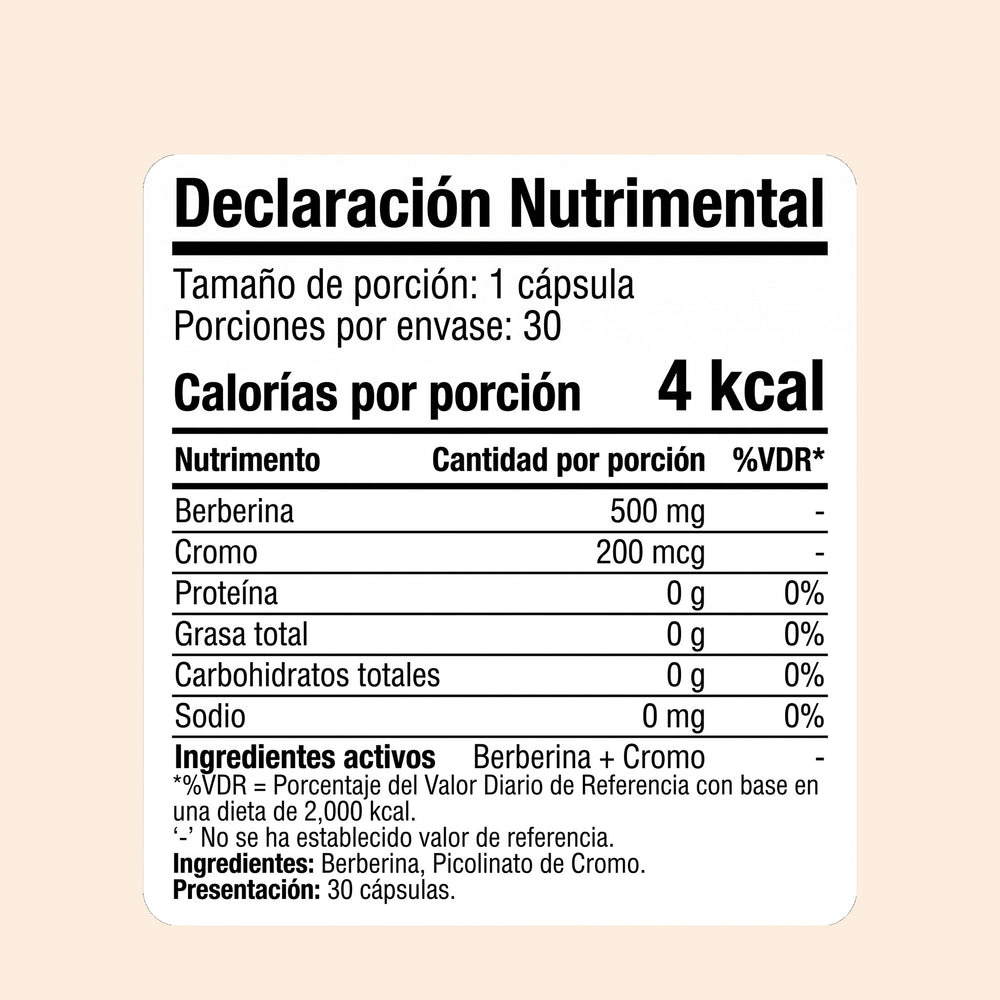 Declaración nutrimental de GLUCEN: berberina 500 mg y picolinato de cromo 200 mcg por cápsula