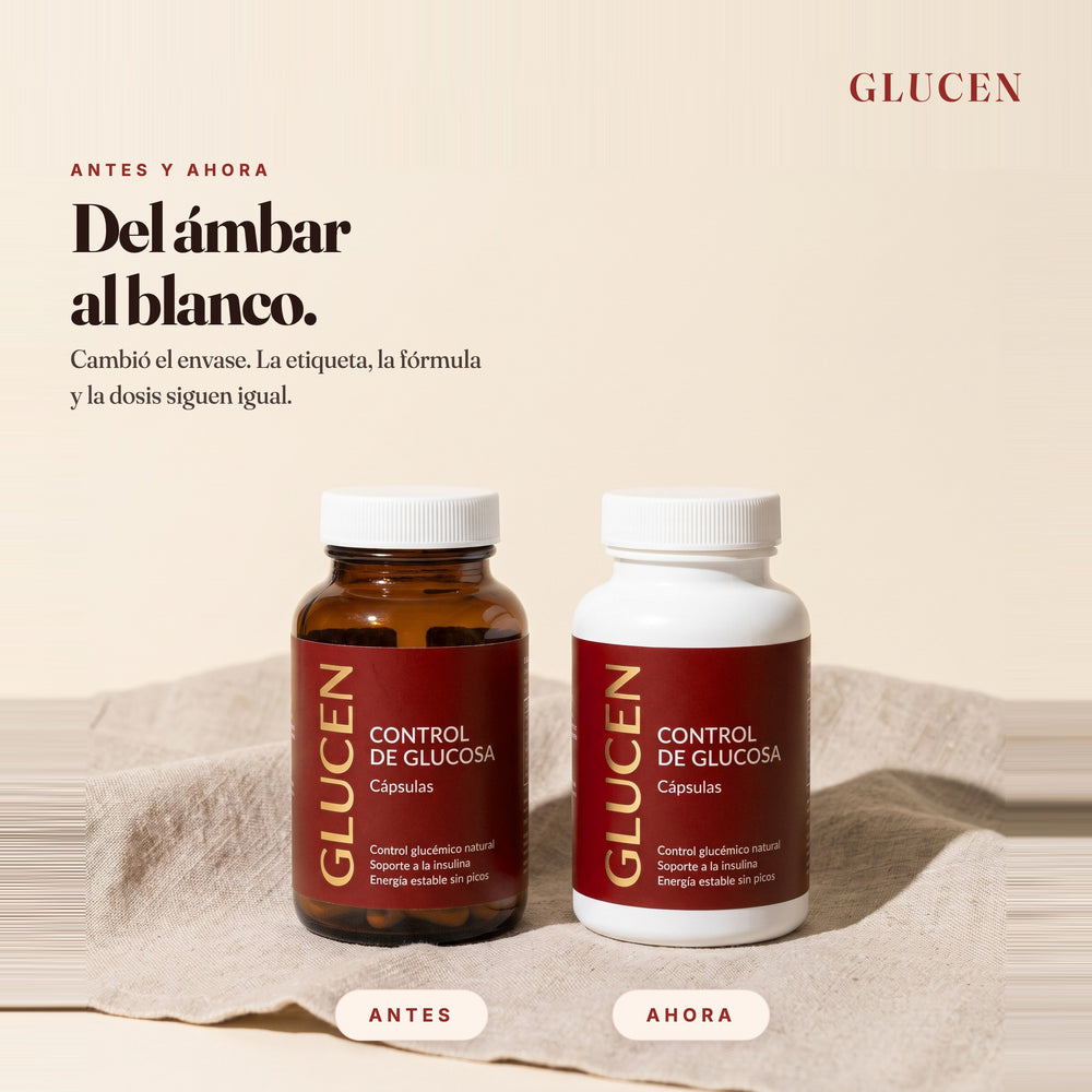 GLUCEN antes y ahora: cambió el envase de vidrio ámbar al blanco; la etiqueta, la fórmula y la dosis siguen igual
